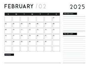 Simple February 2025 calendar with Monday start and weekend highlights