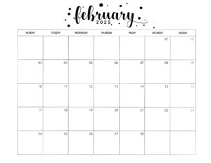 Simple February 2025 calendar with Monday start and weekend highlights